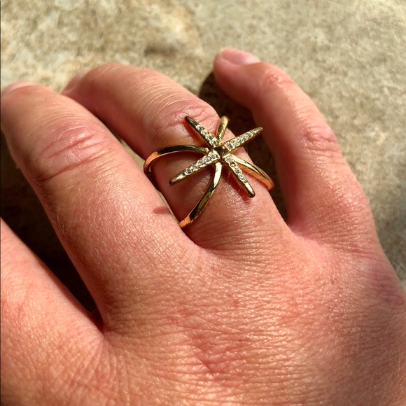 Luv Aj Gold Criss Cross Ring w/ Swarovski Crystals - Picture 2 of 5